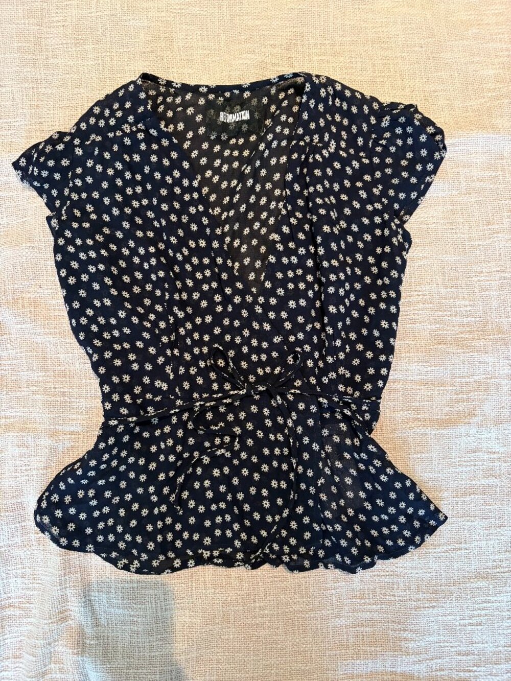 Reformation Navy with Flowers Wrap Blouse